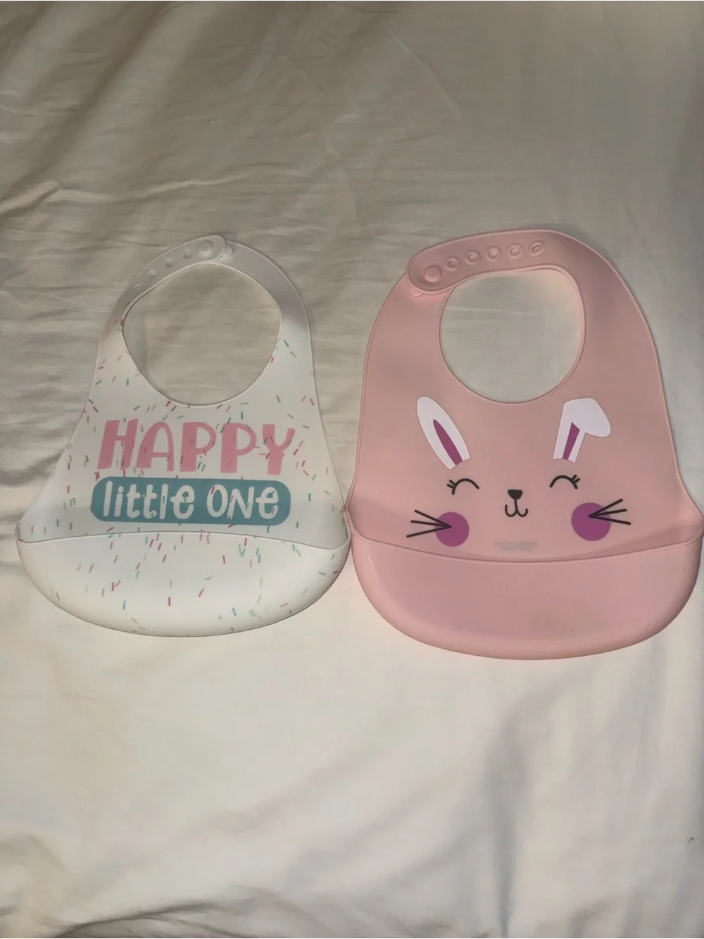 Silicone Baby Bibs Set - Pink Bunny & White 